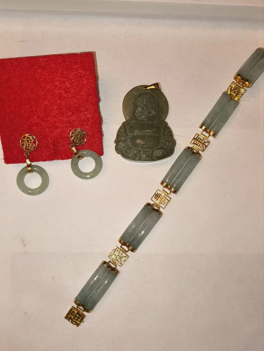 Exquisite Vintage 14K Gold & Genuine Jade Jewelry Set HongKong